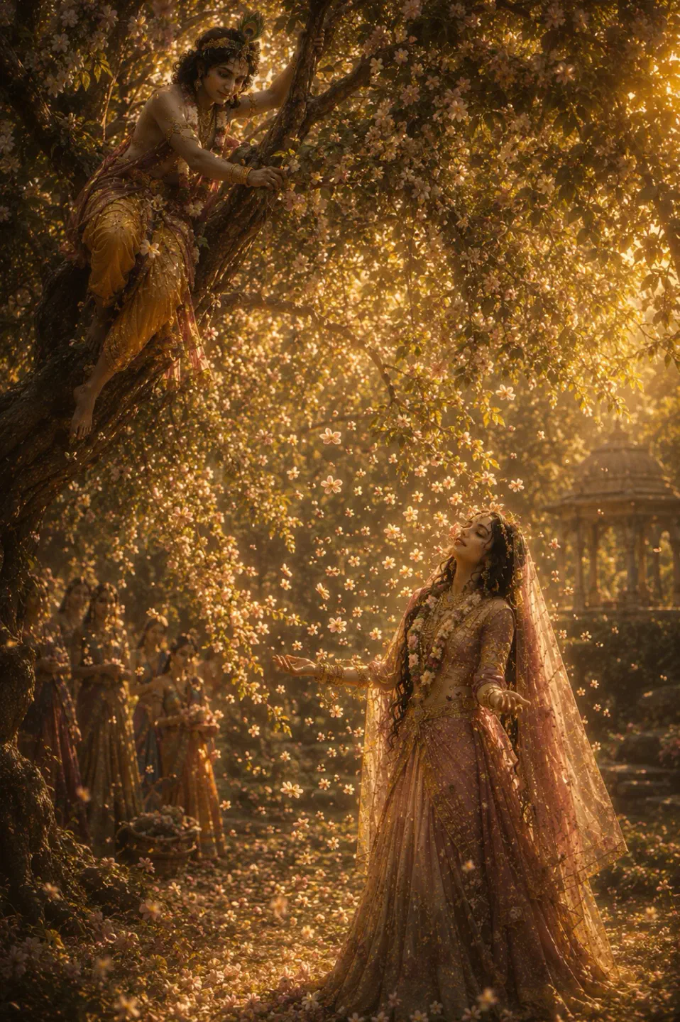 Golden sunlight filters through blooming branches as Krishna, adorned with a peacock feather, gently shakes the tree from above. Below, Radh…