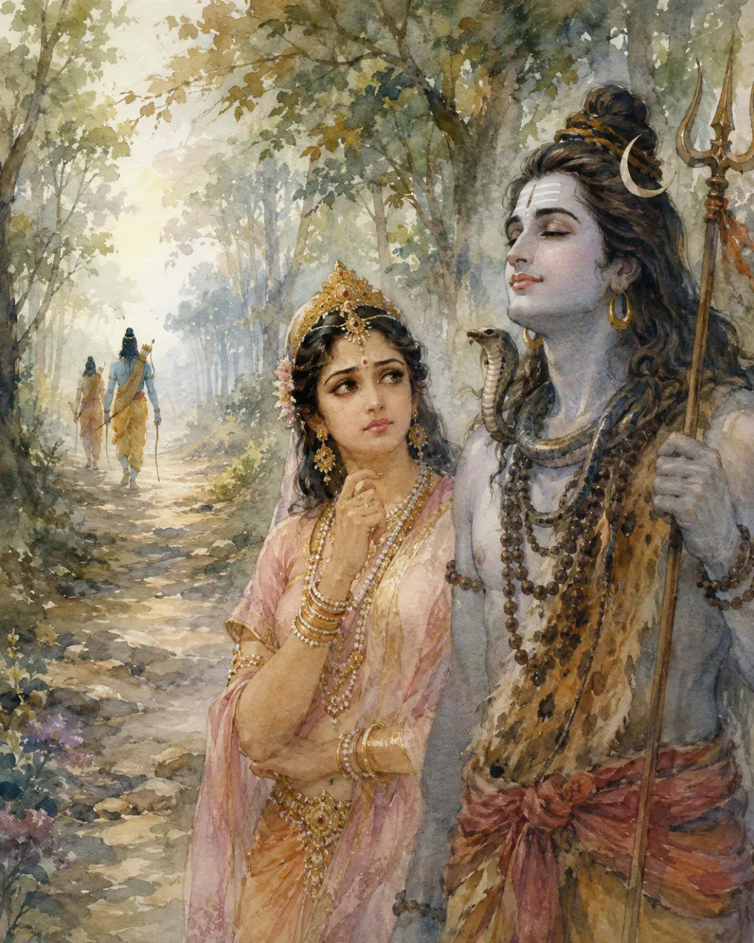 राम · लीला चिन्तन

Shiva Fills His Eyes with Ram
Bala Kanda, Chaupai 50

॥ श्रीराम ॥

Then Shiva sees him. Ram moves through the fore…