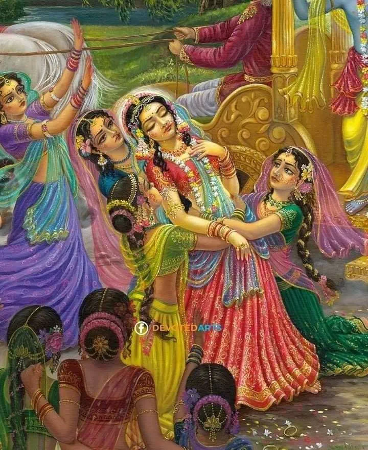 The deep virah of Radha Rani is captured here as she faints, overwhelmed by separation. Clad in vibrant red and green, her eyes close in sor…