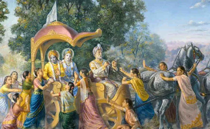 Krishna, adorned in yellow and seated beside Balarama in a golden chariot, departs Vrindavan. Gopis, hearts heavy with longing, reach out de…
