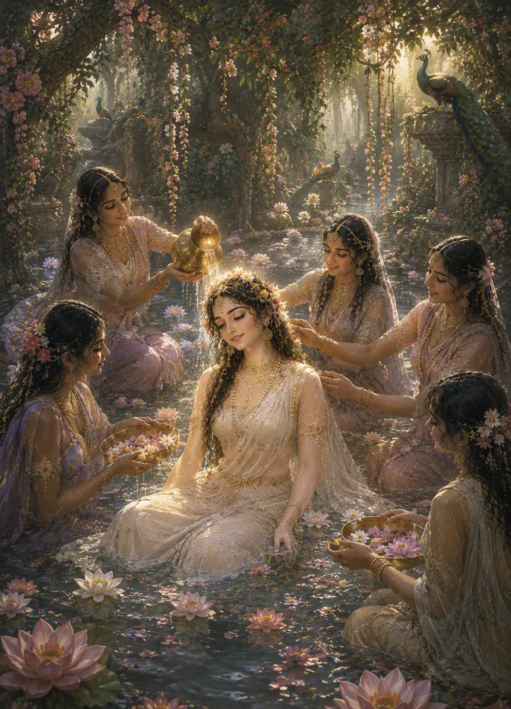 In the beautiful groves of Vrindavan, Radha Rani bathes in a divine pond filled with flowers. Her sakhis lovingly serve Her, pouring fragran…