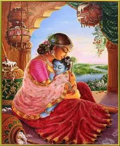 Ma Yashoda, draped in a soft pink and red sari, cradles Lord Krishna close on the balcony of Vrindavan. Her eyes are closed in tender devoti…