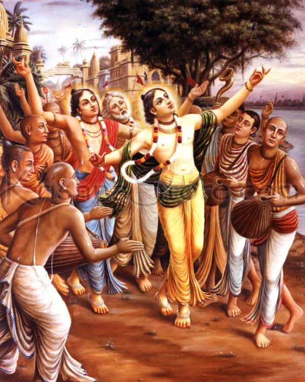 Chaitanya Mahaprabhu leads a joyful kirtan by the riverbank, arms raised in ecstatic devotion. Adorned with tulasi beads and draped in yello…