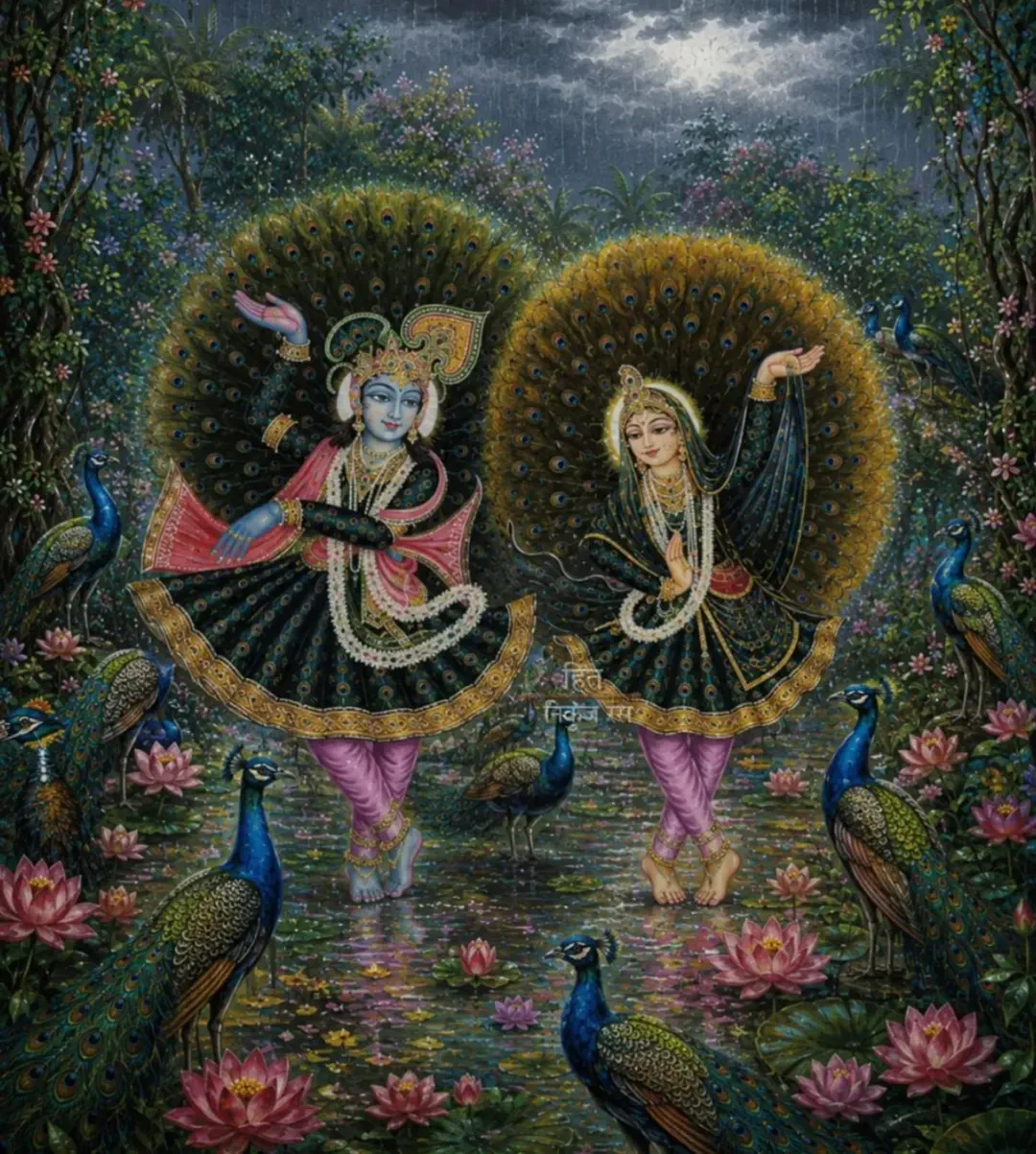Śyāmasundar dances like a peacock before Rādhārāṇī, trying to charm Her. Rādhā smiles and begins to dance like a peahen. Suddenly Krishna fo…
