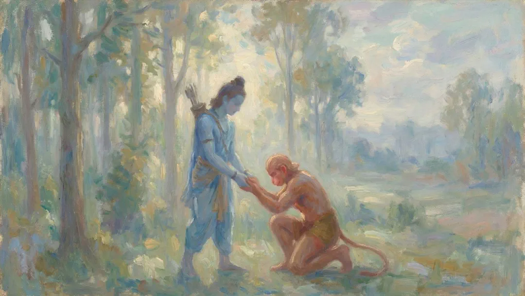 In the dappled light of a tranquil forest, the blue-skinned Rama, bow and arrows resting on his back, bends with gentle grace. Before him, H…