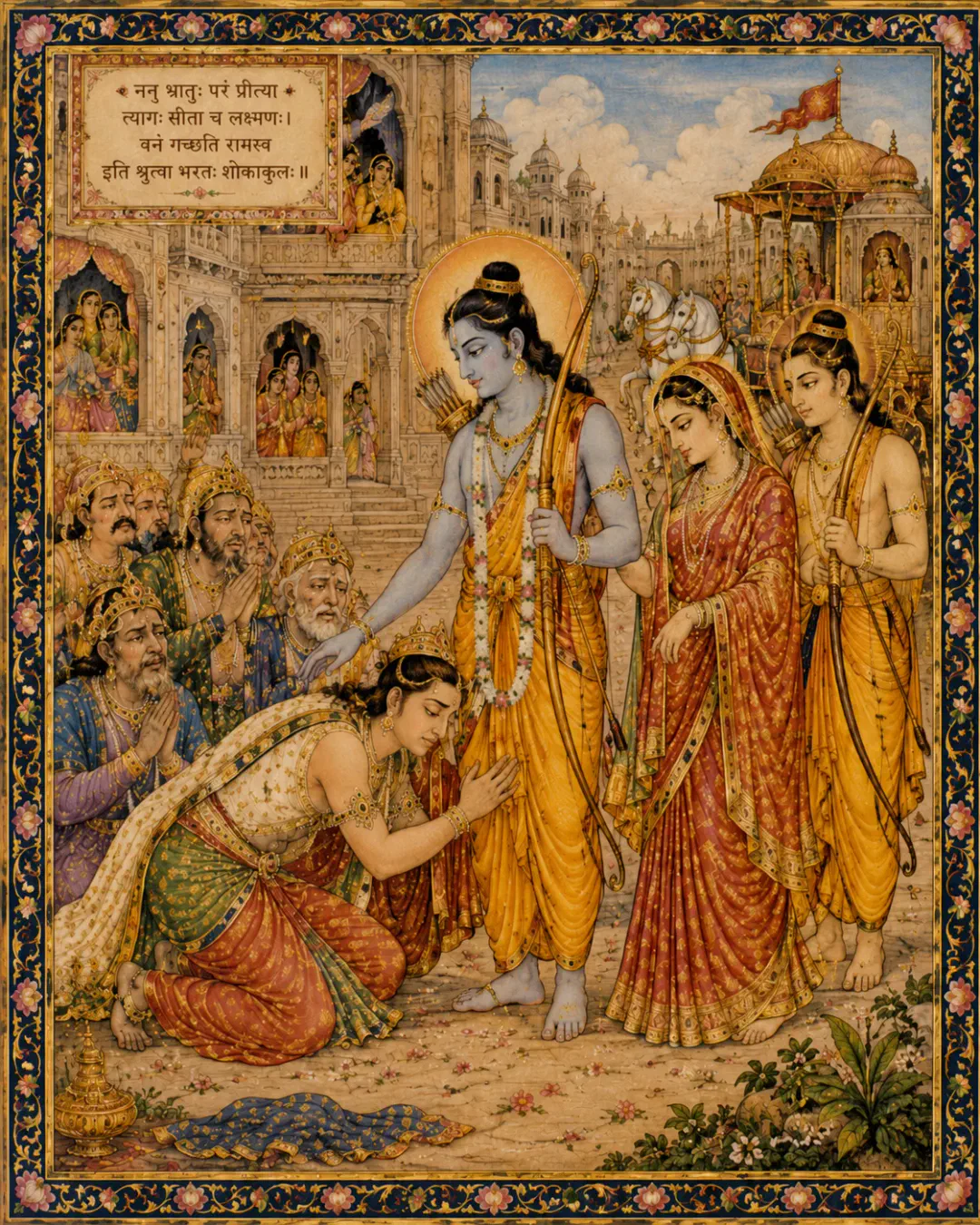 Bharat ji, filled with deep devotion, falls at the feet of Ram ji in a moment of profound sorrow and love. Though heartbroken by exile, he r…