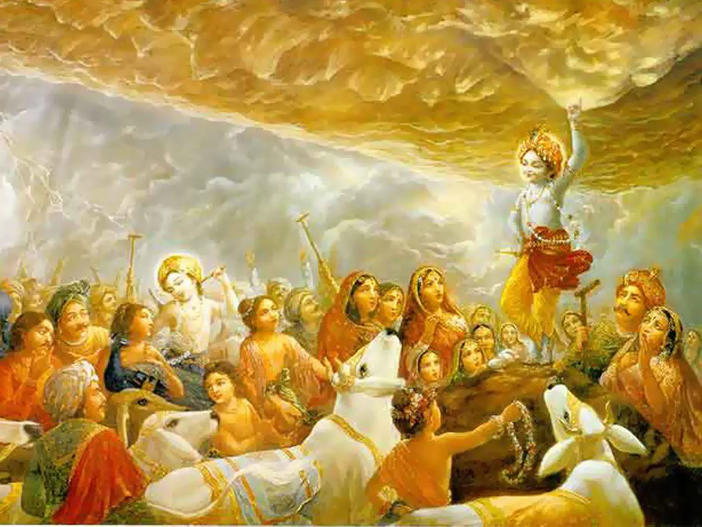 Young Krishna, radiant in yellow and red, stands tall beneath a golden sky, lifting the great Govardhan hill with one hand to shield His dev…