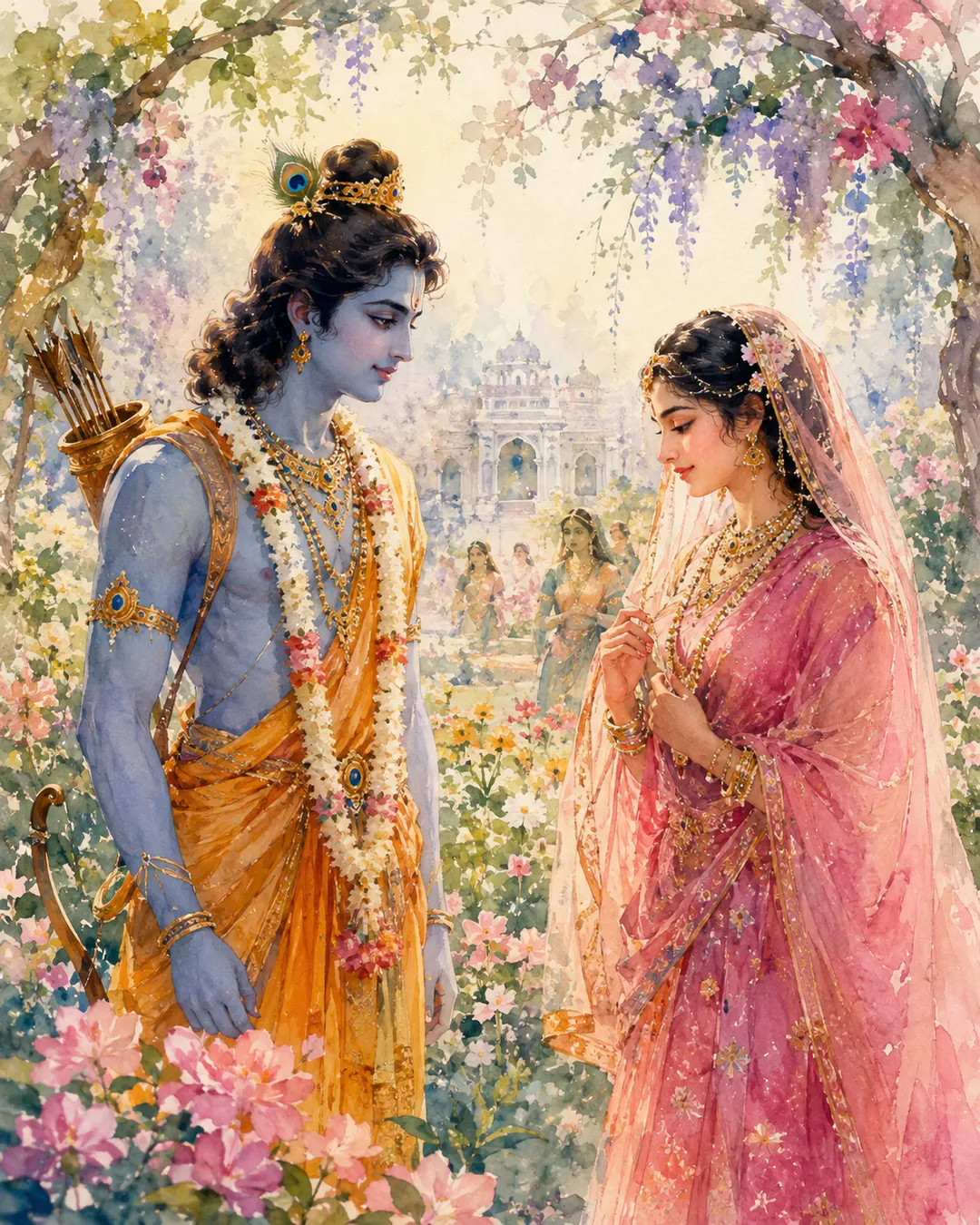Beneath a canopy of blooming wisteria, Ram ji and Sita ji meet for the first time in a garden of divine grace. Adorned with a peacock feathe…