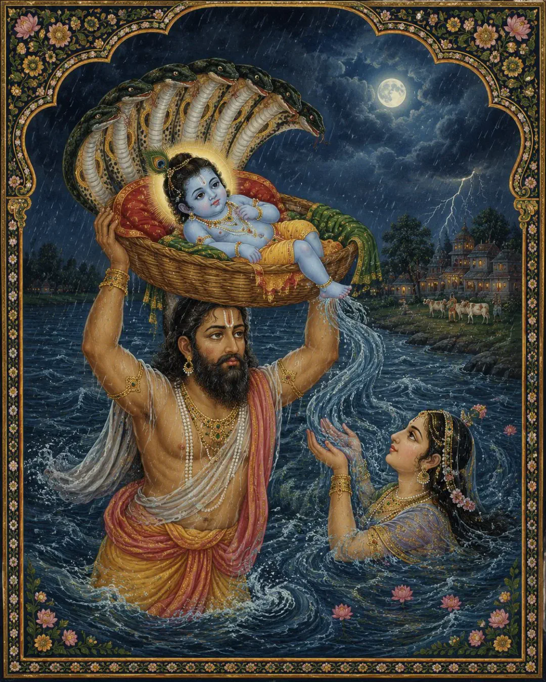 Under the moonlit sky, the embodiment of Yamuna River reverently receives the blessings of Lord Krishna. As Nanda carries the divine infant…