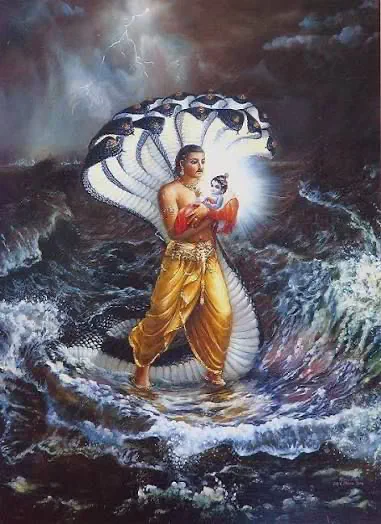 Vasudeva wades bravely through the stormy, churning river, golden dhoti clinging to his form as lightning flashes above. Cradled safely in h…