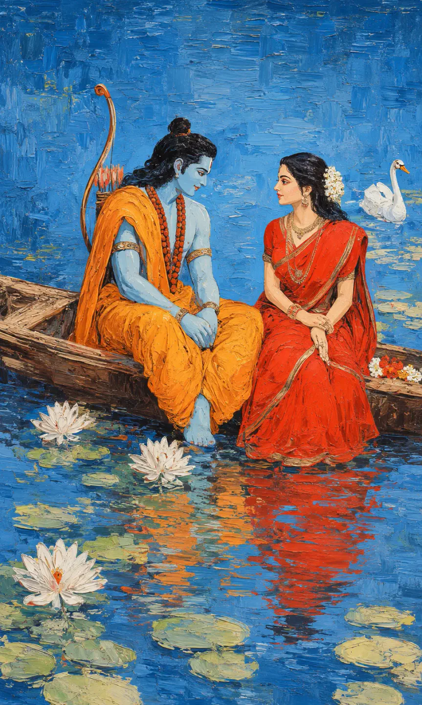 Lord Ram ji, draped in vibrant saffron with His bow and quiver resting behind, sits peacefully beside Sita Ma in a wooden boat. She glows in…
