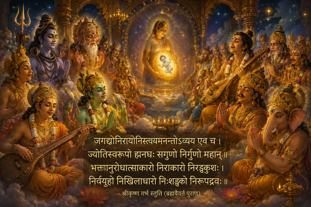 In Mathura, devotees cry out to Narayan for protection from cruel Kansa, their faith unshaken. He answers by taking birth in human form.
Abo…
