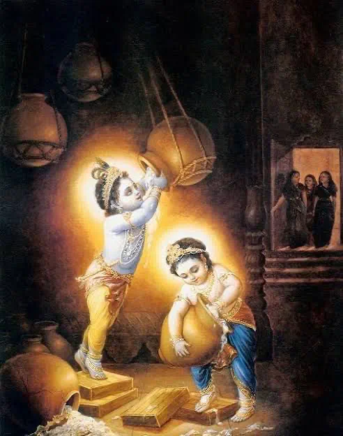 In the dim, earthen kitchen of Vrindavan, young Krishna and Balarama share a mischievous, holy glow. Krishna, radiant in yellow silk, reache…