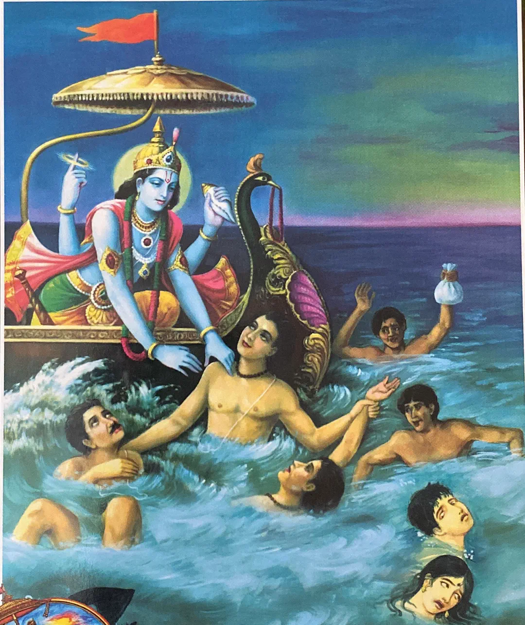 In the turbulent ocean, Lord Vishnu sits beneath a golden umbrella with a red flag, holding the conch and discus. With compassionate blue ha…