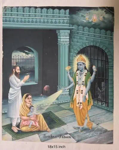 In this divine scene, Krishna enters Devaki’s womb, yet she remains untouched by the prison bars. Seated on a green mat in yellow and pink,…