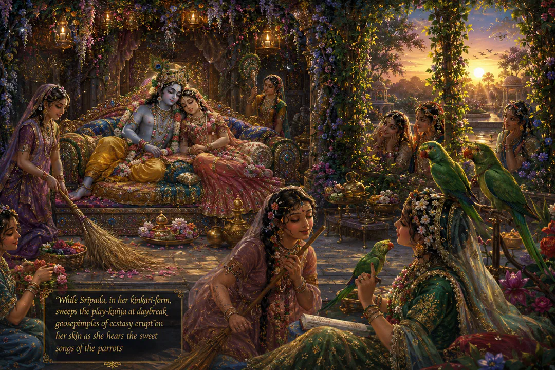 After dancing the Rasa, Radhã and Madhava enter the arbour named Hemāmbuja Kuñja and take rest on a jewelled sofa there. How wonderful is th…