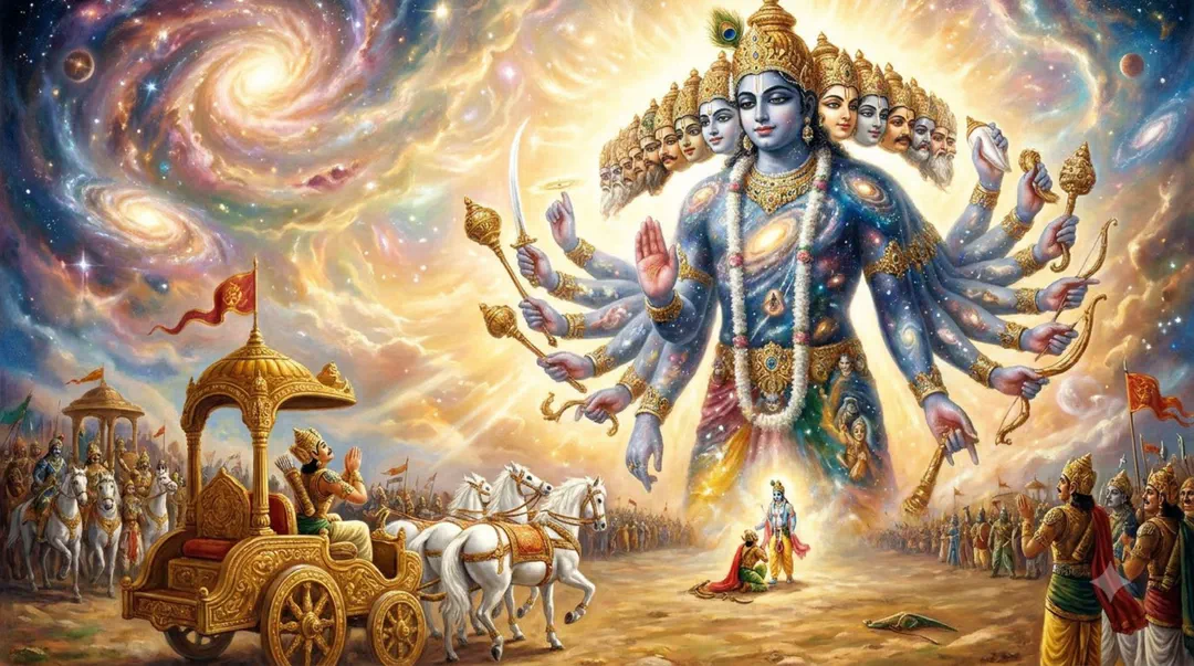 On the battlefield, Krishna reveals His magnificent Virat Roop to Arjuna. With countless arms holding divine weapons and a body filled with…