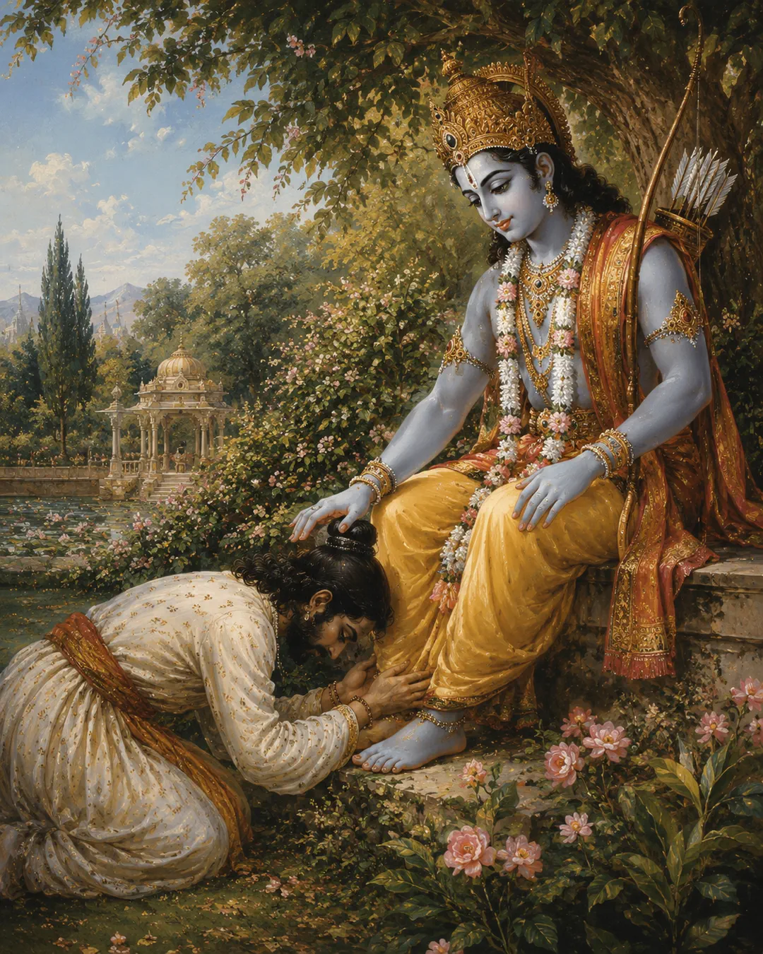 Shri Ram sits peacefully beneath the shade of a tree… a devotee quietly comes and rests his head at the Lord’s lotus feet. He cannot find an…