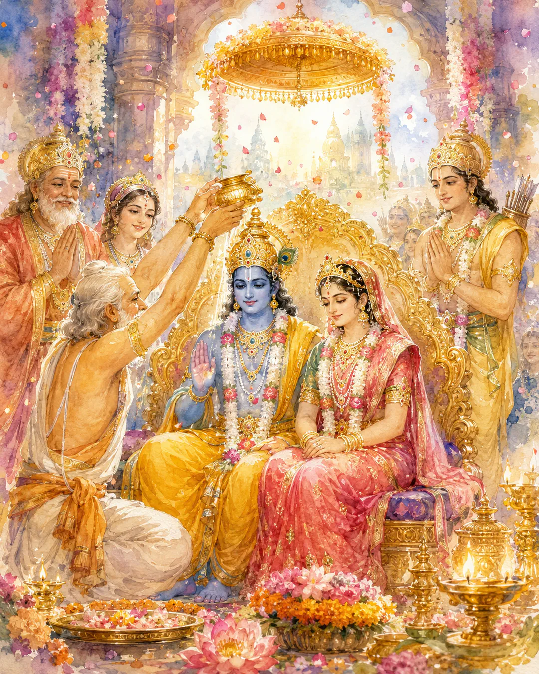 The glorious pre-exile coronation of Ram Ji fills the heart with divine joy. Seated on the ornate golden throne in bright yellow silk, He re…