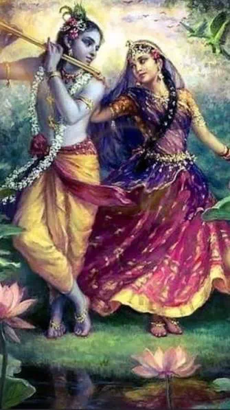 In a serene grove blooming with pink lotuses, Lord Krishna plays his flute, adorned in a yellow dhoti and floral garland. Beside him, Belove…