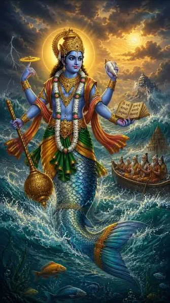 Lord Krishna, in Your majestic Matsya avatar, You rise from the turbulent ocean to save us. With a divine halo glowing behind You, Your blue…