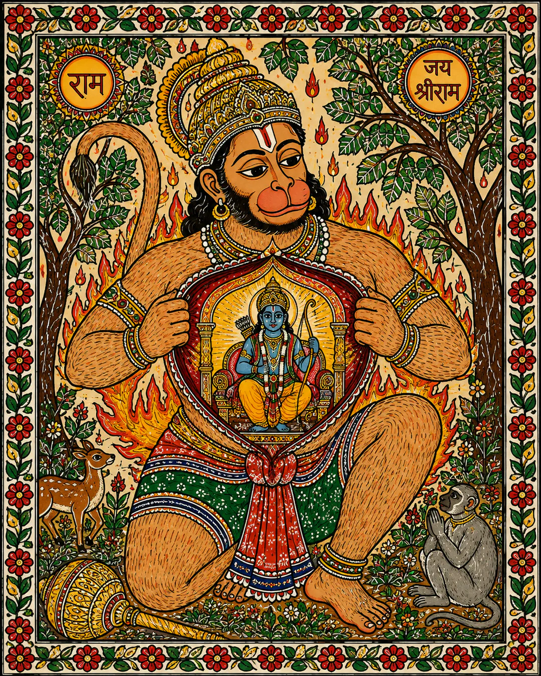 Lord Hanuman ji, adorned in a golden crown and colorful garments, gently parts his chest to reveal Lord Ram ji seated within his heart. Surr…