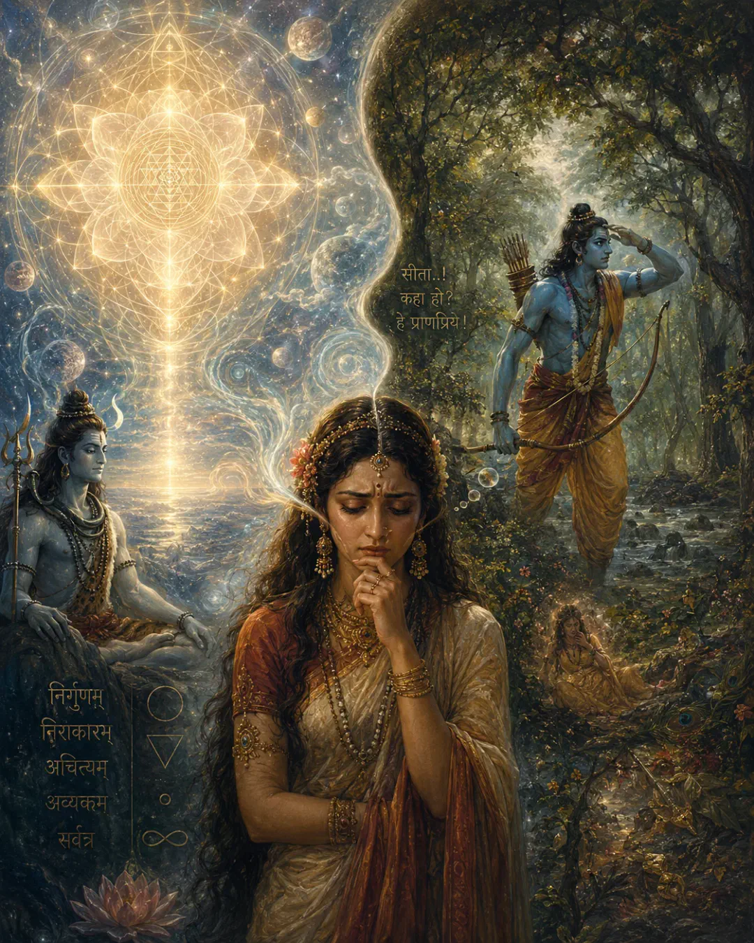 राम · लीला चिन्तन

Can the Formless Walk as a Man?
Bala Kanda, Doha 50

॥ श्रीराम ॥

Sati turns the attributes of Brahman within her…