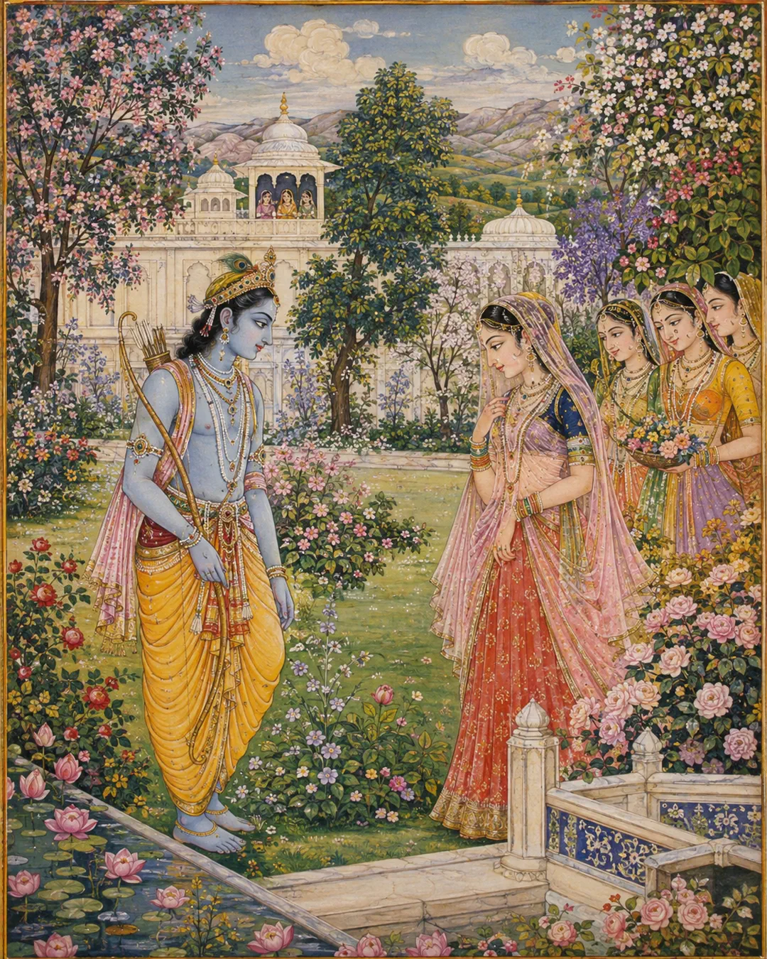 In a garden blooming with roses and lotuses, Ram ji and Sita ji meet for the first time. He stands by the water, bow in hand, his blue form…