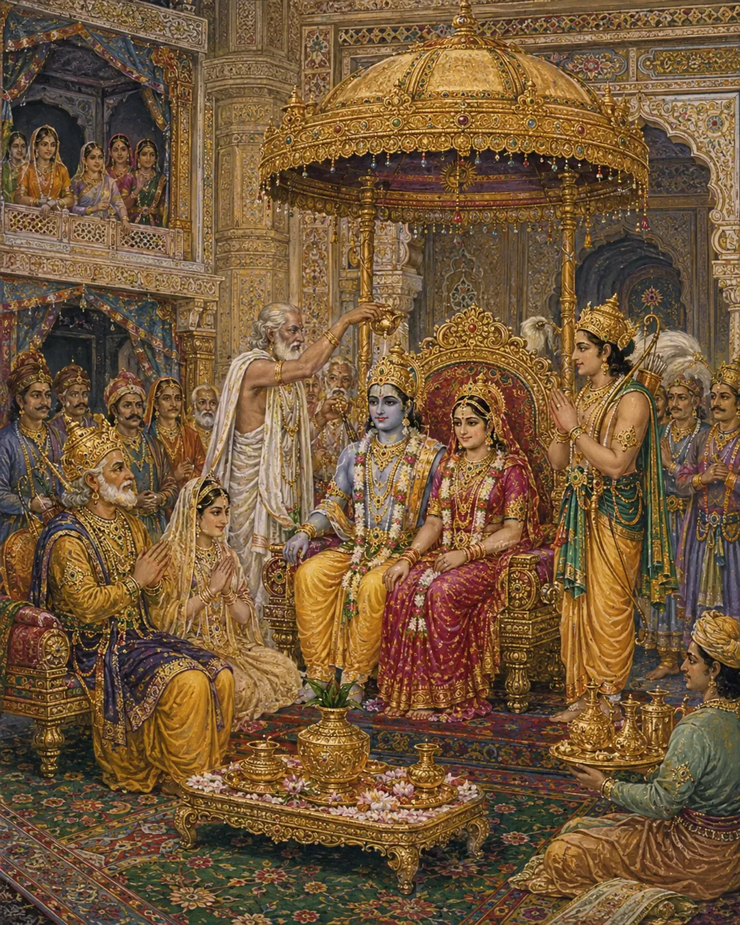 Under the golden canopy, Ram Ji sits radiant on the throne, adorned in yellow silk and floral garlands. Beside Him, Sita Devi glows in pink,…