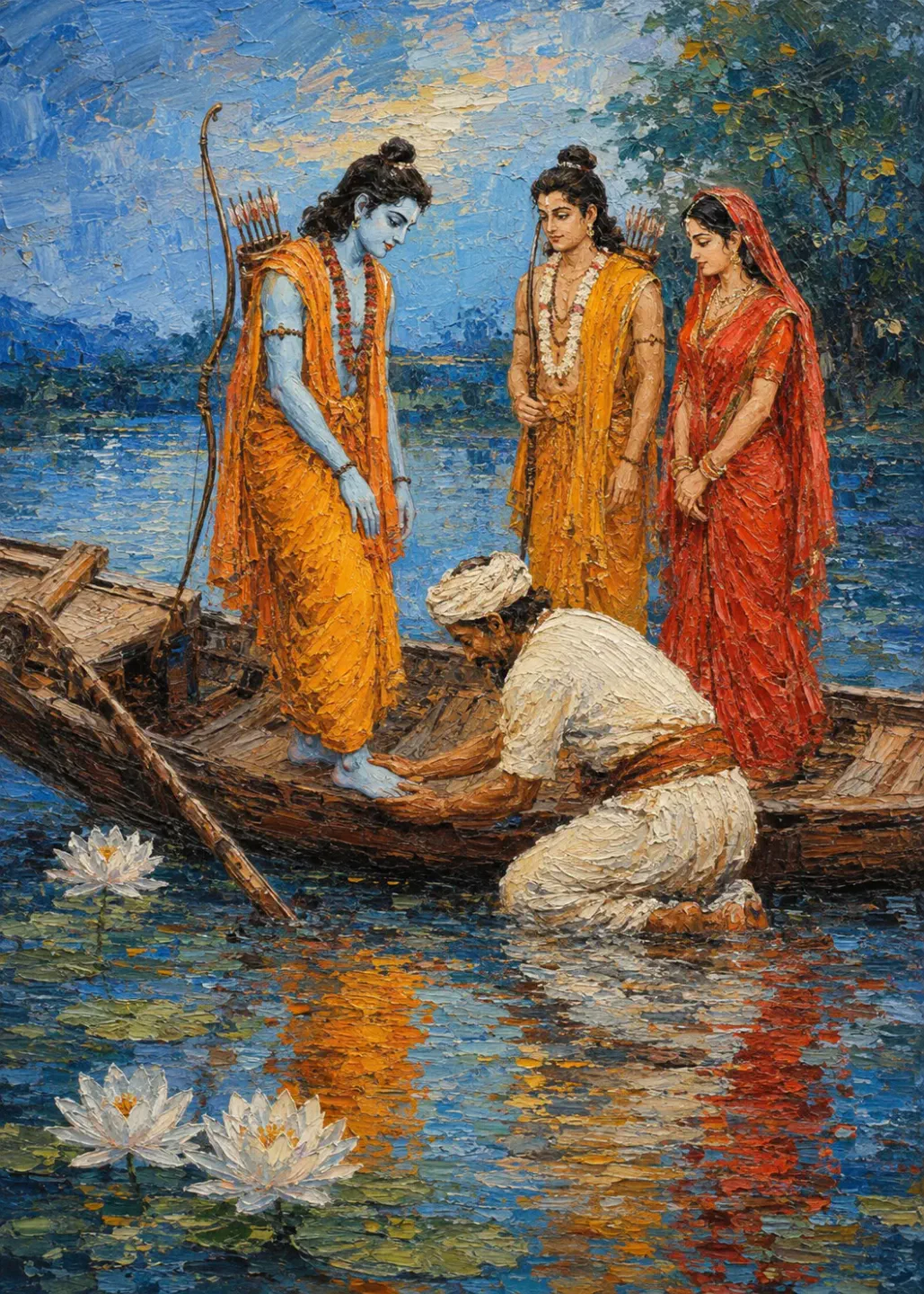 Kevat ne kaha, "Raghurai se utarai na lunga, hey Bhagwan! Main nadi nal ka kevat hoon, tum bhav sagar ke swami ho. Main yahan paar lagata ho…