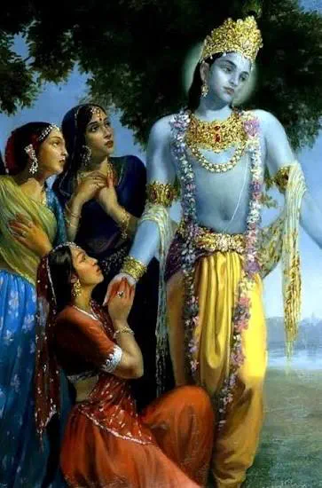Krishna, adorned in golden crown and floral garlands, turns away from Radha and the gopis in Vrindavan. His blue form glows with divine grac…