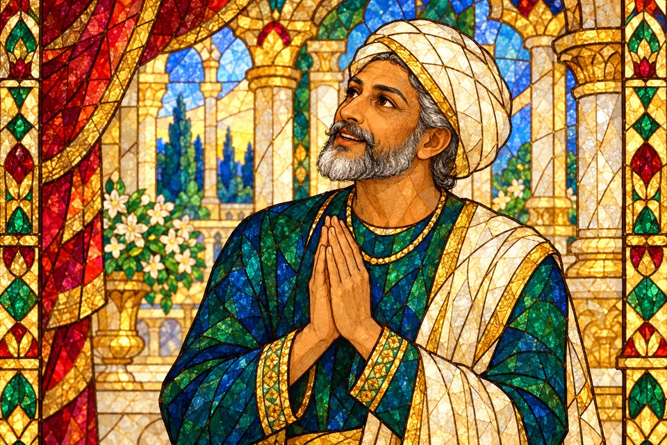 Sumantra, shown with an imagined gray-bearded minister's appearance and ivory turban, gives the council's joyful joined-hand reply.