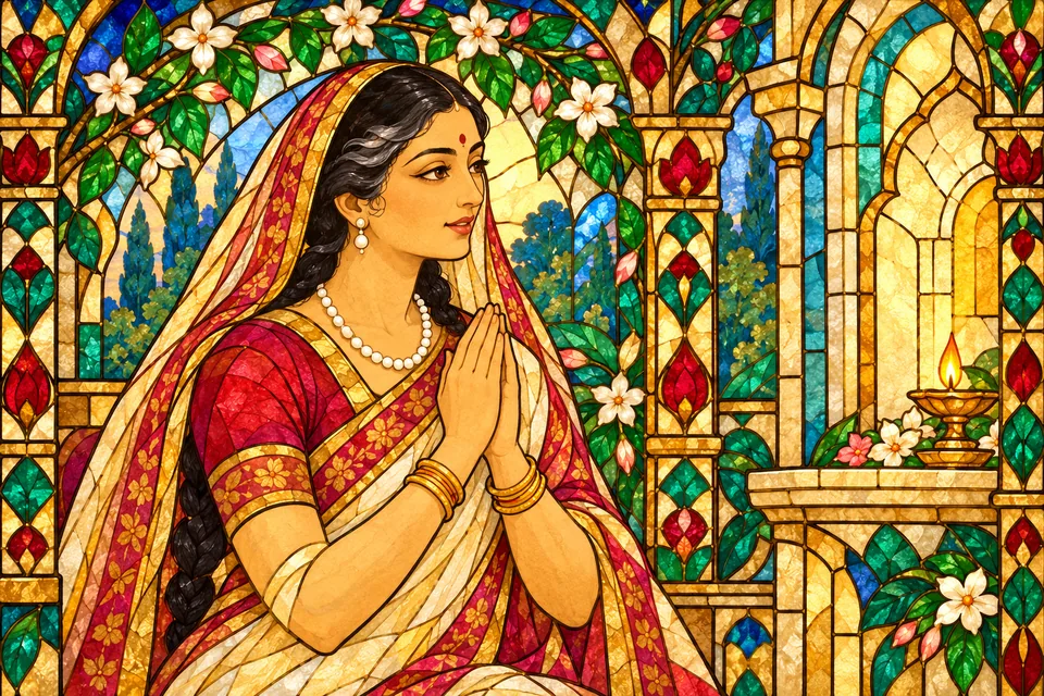 Kaushalya joins her hands and prays that divine grace bring Rama welfare, within a jewel-colored floral palace arch.