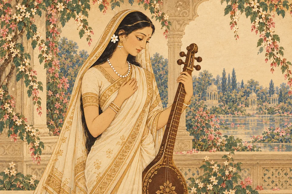 Saraswati stands in restrained regret at the gods' appeal, with one hand at her chest and her veena held quietly at her side.