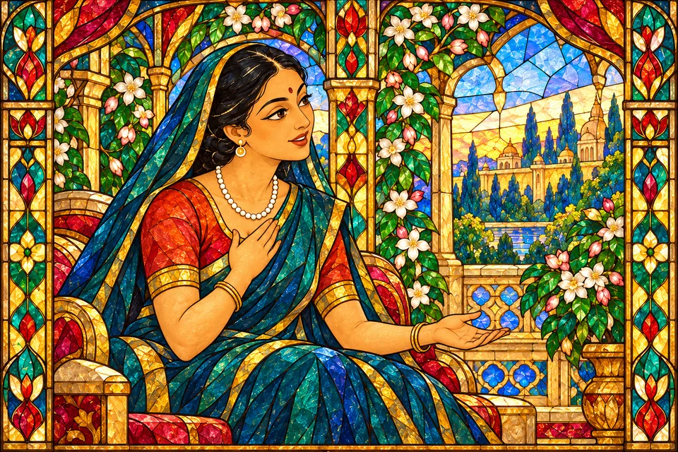 Kaikeyi speaks affectionately of Rama, with one hand over her heart and the other open toward Manthara outside the portrait.