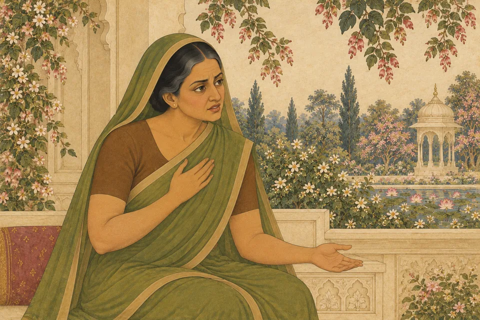 Manthara apologetically speaks to the unseen Kaikeyi, one hand at her chest and the other open near her waist.