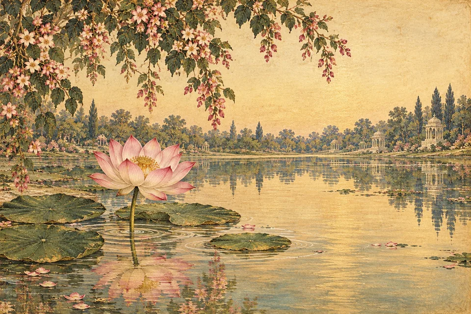 A pale pink lotus rests above clean reflective water in a quiet imagined pond, symbolizing the poet's purified mind-mirror.