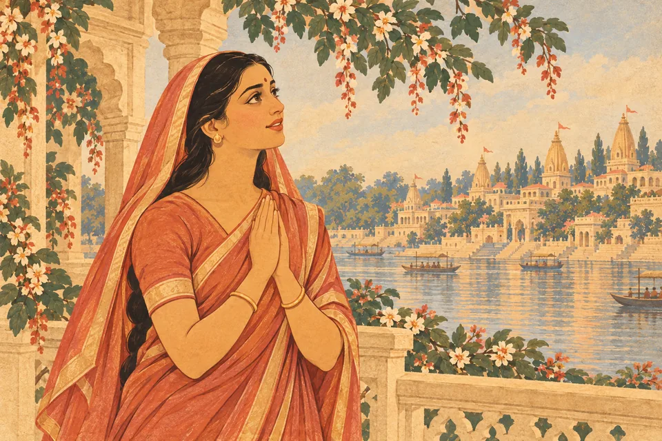 An ordinary Ayodhya woman prays with joined hands, representing the residents' wish for Rama to become crown prince.