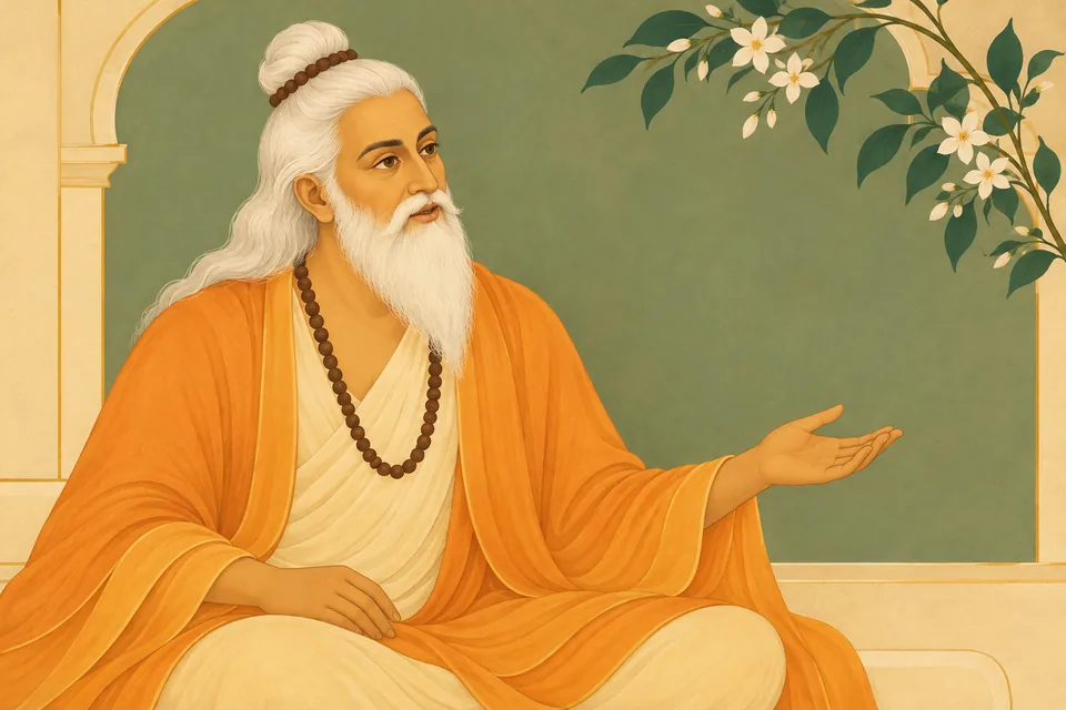 Guru Vasishtha speaks kindly toward Dasharatha outside the frame, one low open palm expressing assurance, against minimal matte fields.