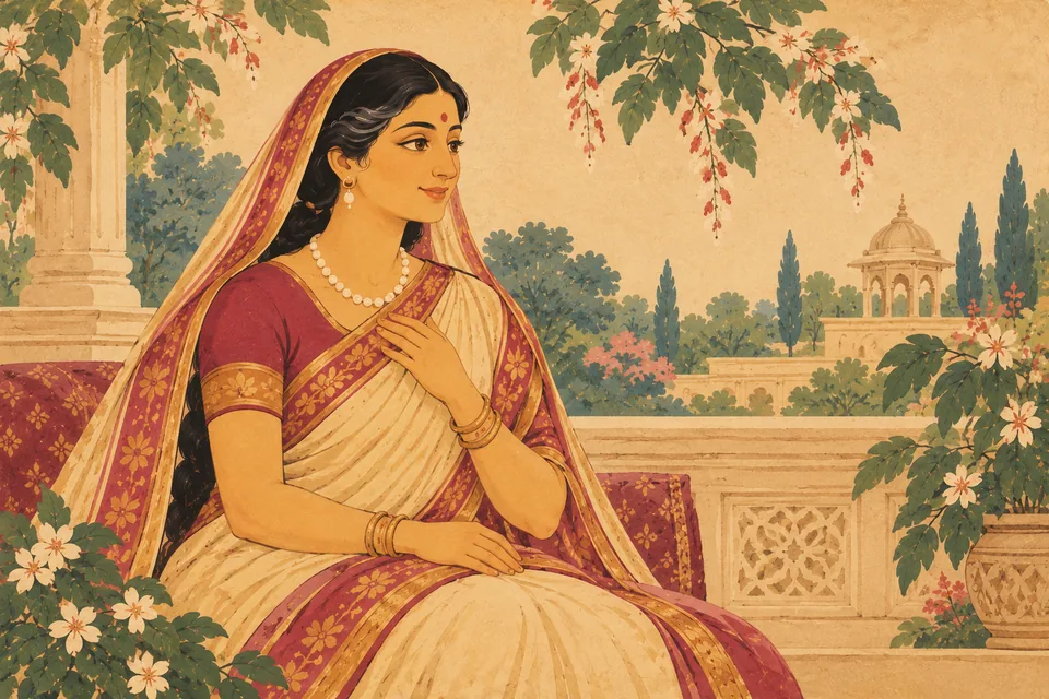 Kaushalya smiles with quiet joy at the auspicious news, representing the rejoicing women of the palace.