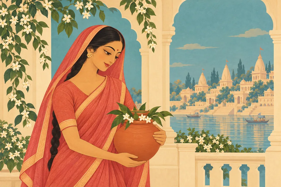 An ordinary Ayodhya woman begins auspicious preparations, holding a simple leafy floral vessel with both hands.