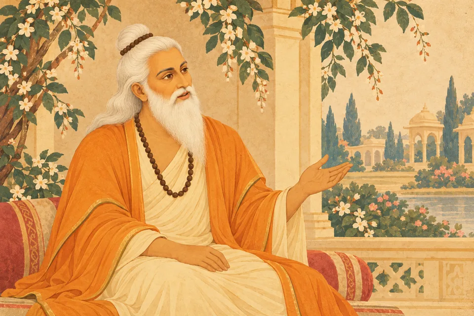 Guru Vasishtha speaks warmly in praise of Rama's affectionate words, with a gentle open palm.