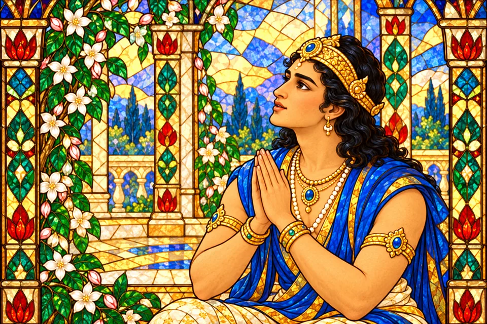 An unnamed representative deva joins his hands and appeals to Mother Saraswati on behalf of the gods.