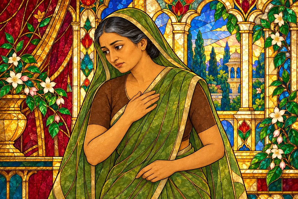Manthara listens with a distressed expression and a hand lightly over her chest as Kaikeyi asks about the family.