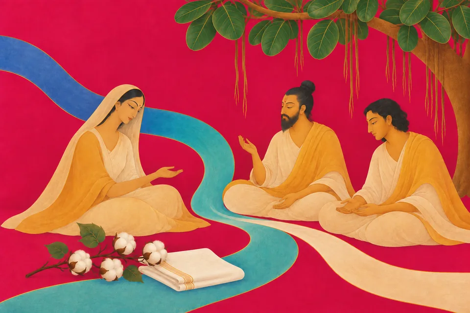 Three unnamed contemplatives beneath a banyan, beside cotton and three flowing bands symbolizing the sacred confluence of devotion, contemplation and action.