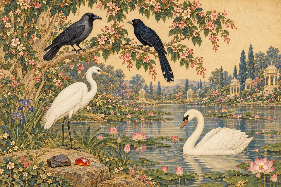 A crow and koel on a branch above a heron and swan, symbolizing the refining power of good company.