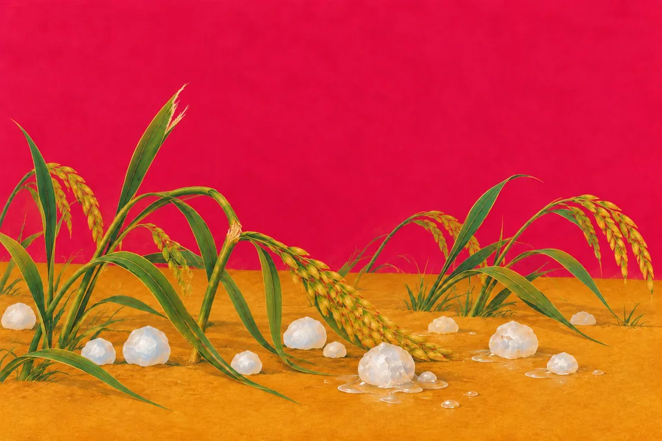 Damaged crop stalks beside melting hailstones, symbolizing harm done to others at one's own cost.