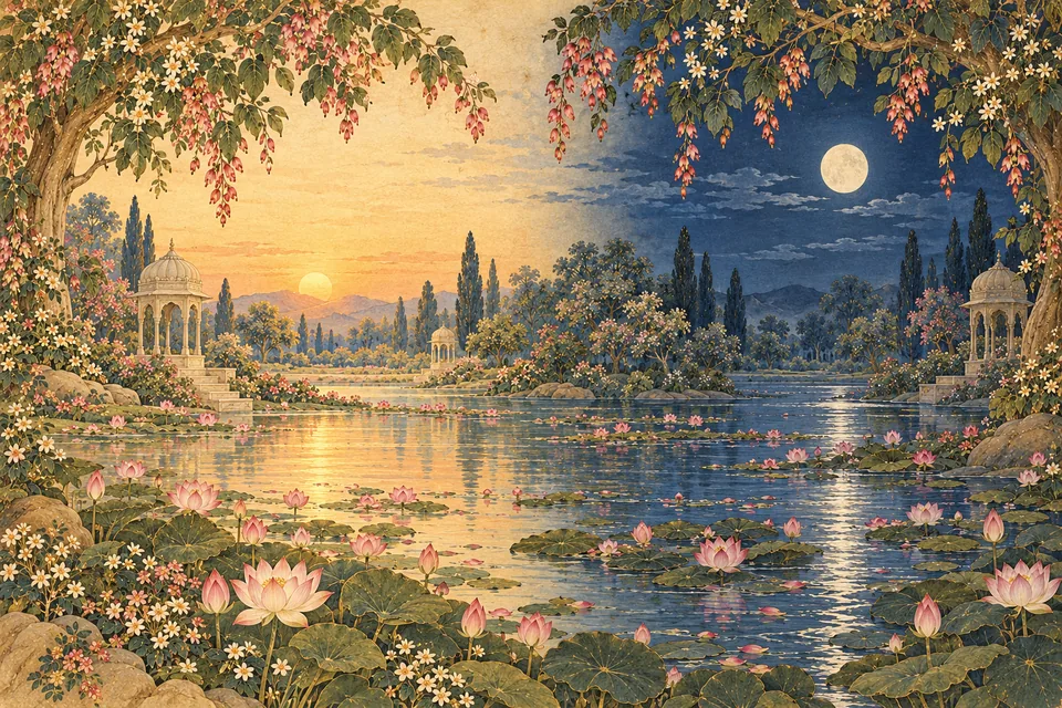 A symbolic paired garden in dawn and moonlit colours, reflecting the source’s enumeration of opposites in creation.