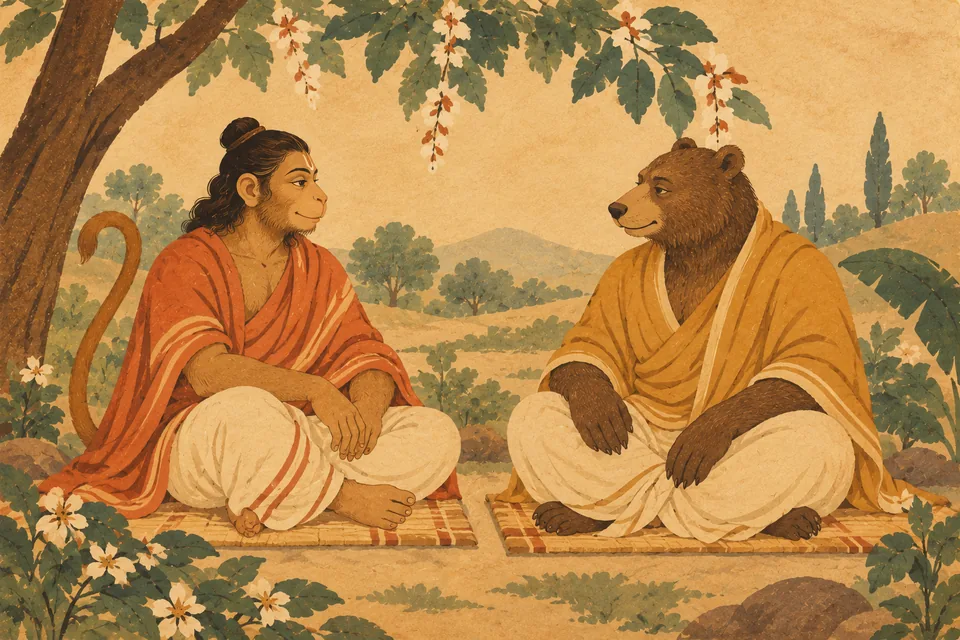 Hanuman and Jambavan sit peacefully in a symbolic paired portrait honoring saintly worth beyond outward form.