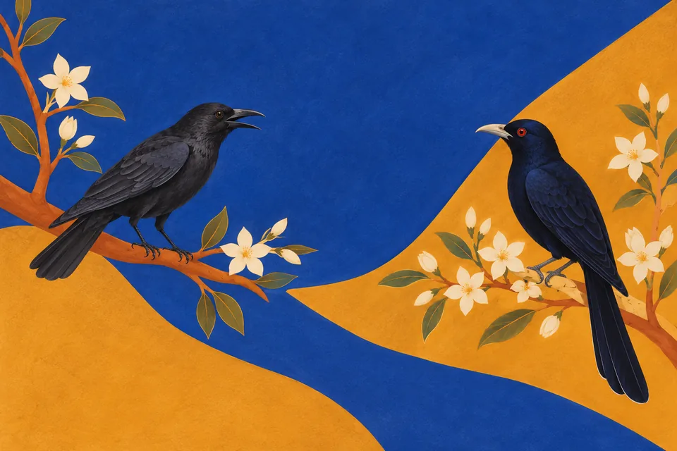 A crow and a red-eyed male koel face one another on flowering branches, illustrating a poetic comparison.